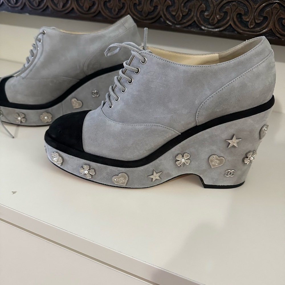 CHANEL Gray and Black Wedge Shoes
